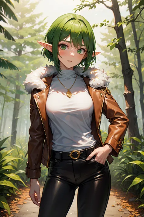 Adult elf woman with green sidecut hair and green eyes, flat breast, wears a shirt and a brown long leatherjacket with fur, wears golden necklace with green pendant, black pants, forest in background, strong face expression