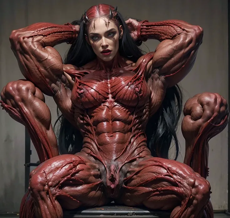 (1 skinless girl), (carnage skinless physique:1.5), (megan-fox:1.5), (1 super muscular undead skinless succubus with gigantic horns:1.5), (covered in red necrotic rotting skinless muscle:1.5), (exposed muscular anatomy:1.5), (perfect fingers:1.25),(8k, RAW...