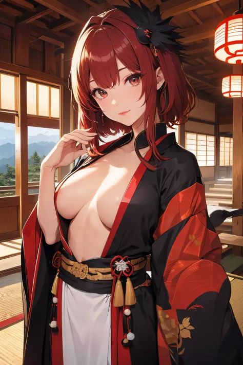 ((in the mountains of japan:1))、((on a tree))、sexy female crow tengu、Japanese traditional UMA tengu, sexy japanese monk costume, Sexy brown skin, Nice sexy body、tanned healthy sexy skin、One lady、Red hair ornament、((Black Japanese style sexy costume:1))、wit...