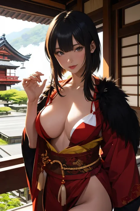 ((in the mountains of japan:1))、((on a tree))、sexy female crow tengu、Japanese traditional UMA tengu, sexy japanese monk costume, Sexy brown skin, Nice sexy body、tanned healthy sexy skin、One lady、Red hair ornament、((Black Japanese style sexy costume:1))、wit...