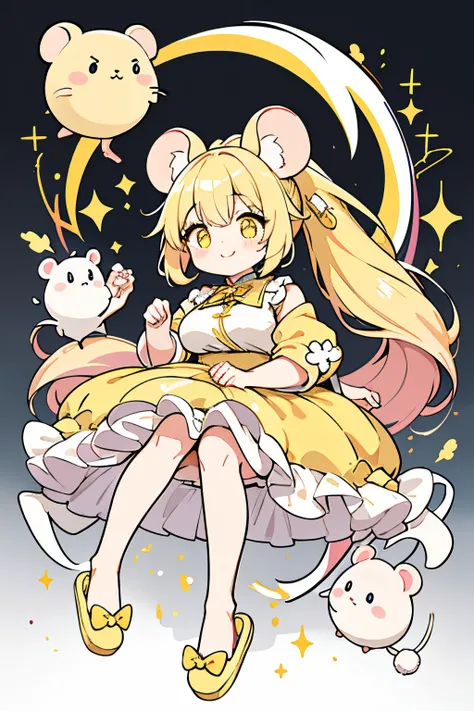 Steps, Best quality at best, cute big breasts, kawaii, 1 girl in, Alone, (Long hair creamy yellow、Light yellow double ponytail、)((Elaborate dress))Rainbow pattern、Yellow eyes、Elaborate Eyes、adorable eyes、ssmile、A slight smil、Pink slippers、slippers、((Mouse ...