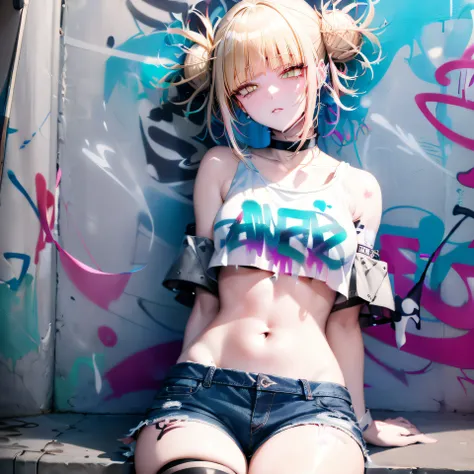 masterpiece, best quality, (extremely detailed CG unity 8k wallpaper, masterpiece, best quality, ultra-detailed, masterpiece, best quality, 1girl, solo, crop top, denim shorts, choker, (graffiti:1.5), paint splatter, arms behind back, against wall, looking...