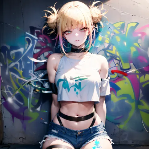 masterpiece, best quality, (extremely detailed CG unity 8k wallpaper, masterpiece, best quality, ultra-detailed, masterpiece, best quality, 1girl, solo, crop top, denim shorts, choker, (graffiti:1.5), paint splatter, arms behind back, against wall, looking...