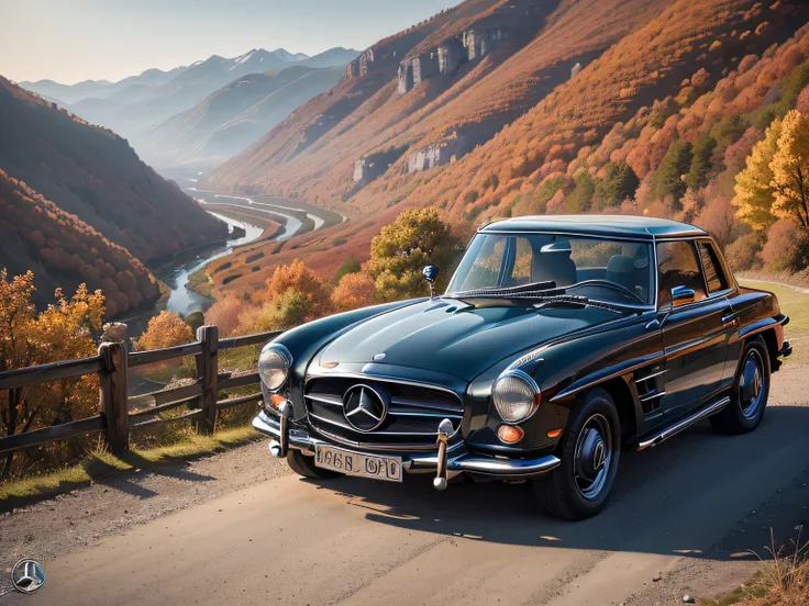 超A high resolution、An ultra-high picture quality、8K、Detailed details、marvelous expression、Late autumn valley、Beautiful autumn leaves、A blue car elegantly runs along a mountain pass road、((Mercedes-Benz 300SLR Uhlenhout Coupe))