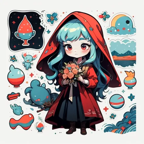 1 sticker, handbook, (Sticker, 1 girl, Medieval heavy dress, luna. veil, bouquet, Separating elements), watercolour, whitebackground, Simple background, minimal, Cute, tiny, Color: pastel colours, vector style, No gradient, Detailed  male with red skin,nav...