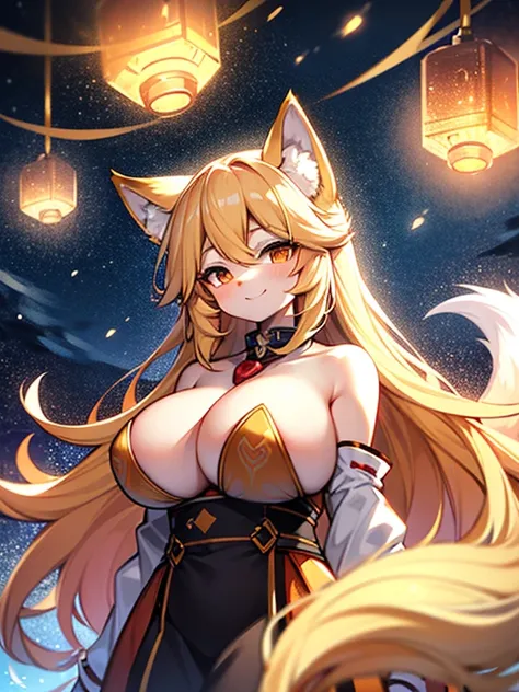 Fox girl, furry, furry, golden fur, golden face fur, long blonde hair, reddish-orange gradient eyes, super cute face, brown element on fur, miko, beautiful lights and shadows, ambient light, super fine fur, volumetric light, night, clouds and stars in the ...