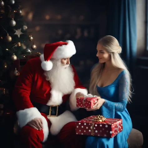 Santa Claus and beautiful Snow Maiden in a blue dress with gifts for Christmas