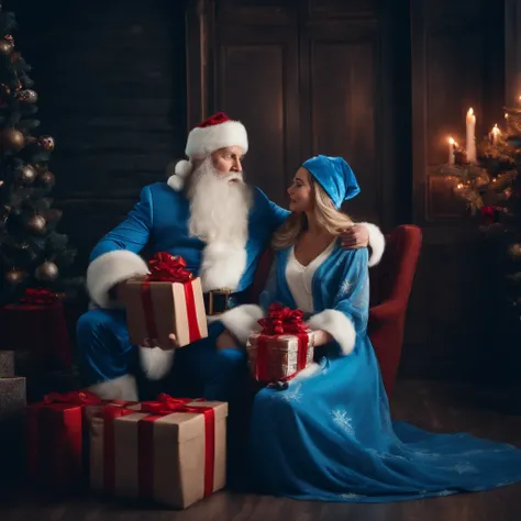 Santa Claus and beautiful Snow Maiden in a blue dress with gifts for Christmas