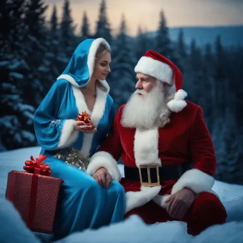 Santa Claus and beautiful Snow Maiden in a blue dress with gifts for Christmas