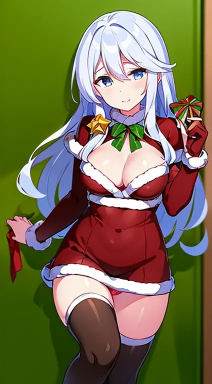 masterpiece, best quality, 1 solo girl, white hair, blue eyes, long hair, wavy hair, Christmas ornaments, medium breasts, mature body and face, red christmas dress, christmas, christmas light, christmas tree, red gloves, red santa skirt, holding gift, red ...