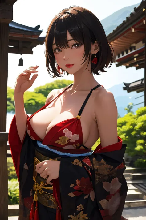 ((in the mountains of japan:1))、((on a tree))、sexy female crow tengu、Japanese traditional UMA tengu, sexy japanese monk costume, Sexy brown skin, Nice sexy body、tanned healthy sexy skin、One lady、Red hair ornament、((Black Japanese style sexy costume:1))、wit...