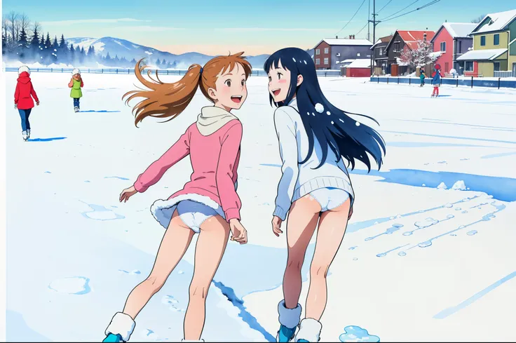 (superflat, flat shading, flat colors), (closeup), 2girls, 10yo, loli, petite, (white panties), bottom, from behind, no skirt, long hair, ice skating, smile, laugh, fun, play, winter, snow, bright, wide angle, vibrant colors, watercolor, ghibli style