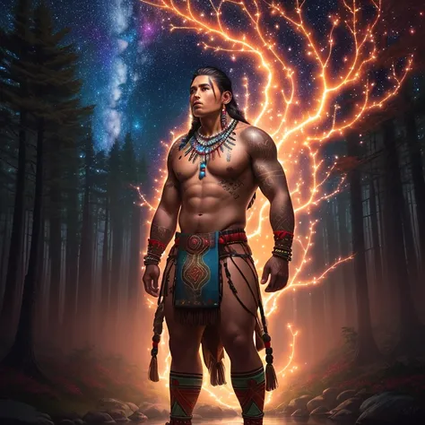 Strong proud indigenous male warrior standing in a forest with a swirling starry sky, galaxy, glowing sky, tall forest, tall trees, glowing flowers, towering trees, water way, flowing creek, no shirt, wearing long brief cloth, beaded necklace, red skin tat...