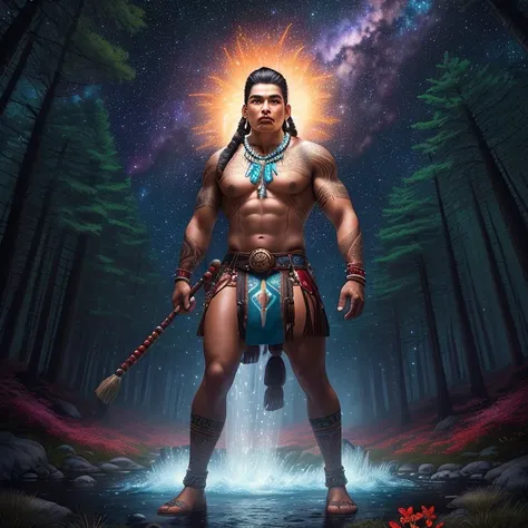 Strong proud indigenous male warrior standing in a forest with a swirling starry sky, galaxy, glowing sky, tall forest, tall trees, glowing flowers, towering trees, water way, flowing creek, no shirt, wearing long brief cloth, beaded necklace, red skin tat...