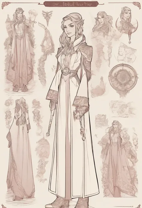 A beautiful female mage, character sheet, multiple poses, full body, no background