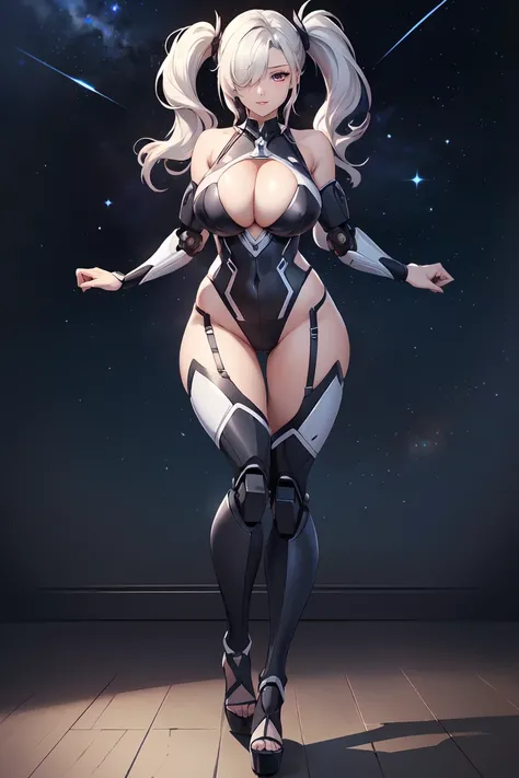 (Best quality,Unbeatable masterpiece:1.4),Ultra-detailed CG 4K,Black metal mech，high ponytails，Metal heels，Huge cleavage，Nipple presentation，Long white hair，AS-Adult，hair covering one eye，smooth thigh，standing with legs apart，In the starry sky，face to the ...