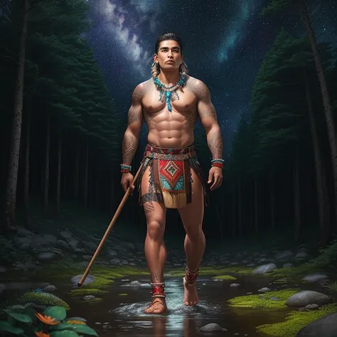 Strong proud indigenous male warrior standing in a forest with a swirling starry sky, galaxy, tall forest, tall trees, glowing flowers, glowing flora, towering trees, water way, flowing creek, no shirt, wearing long brief cloth, beaded necklace, red skin t...