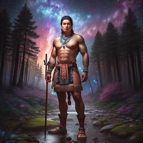 Strong proud indigenous male warrior standing in a forest with a swirling starry sky, galaxy, tall forest, tall trees, glowing flowers, glowing flora, towering trees, water way, flowing creek, no shirt, wearing long brief cloth, beaded necklace, red skin t...