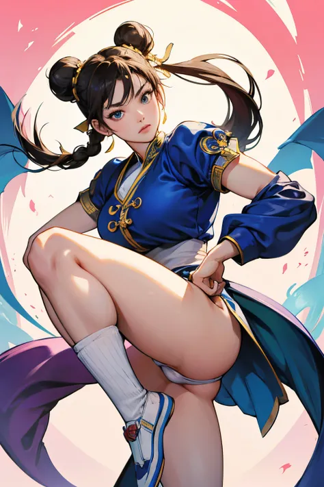 chun-li from street fighters series , white panty , kick in the streets , dragon background , perfect eyes ,