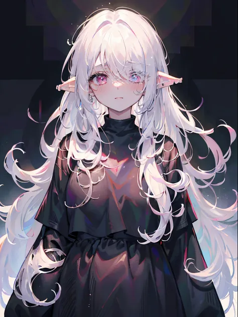 (masterpiece,best quality,ultra-detailed),1girl,white hair,messy hair, thick hair,black shirt,oversized shirt, pointy ears,pale skin, ((hair over one eye)),glowing eyes, blushing,dark ambient,(grey and pink theme),