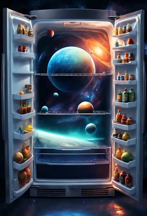 Cosmic nebula in the refrigerator,Future sci-fi refrigerator,The refrigerator has a space-time channel，(Alien spaceship travels through time in refrigerator:1.2)，Cosmic nebula in the refrigerator,There&#39;s still room in the refrigerator，(Universe planets...