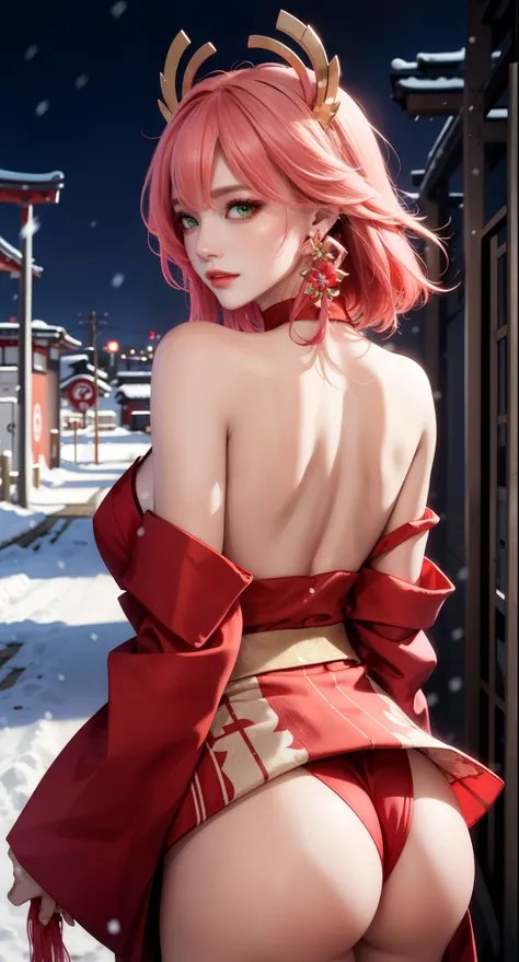 ((winter background)), ((Japan snowing background)), (((luminous background))), (turning back, (back shot), ass focus, brow front,:1.2), (Masterpiece, Excellent, 1girl, solo, complex details, color difference), realism, ((medium breath)), off-the-shoulders...