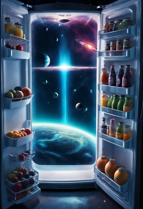 Cosmic nebula in the refrigerator,Future sci-fi refrigerator,The refrigerator has a space-time channel，(Alien spaceship travels through time in refrigerator:1.2)，Cosmic nebula in the refrigerator,There&#39;s still room in the refrigerator，(Universe planets...