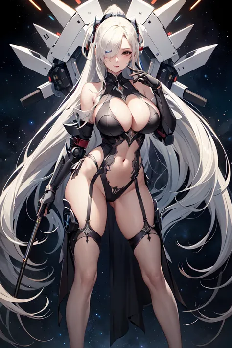 (Best quality,Unbeatable masterpiece:1.4),Ultra-detailed CG 4K,Black metal mech，high ponytails，Metal heels，Huge cleavage，Nipple presentation，Long white hair，AS-Adult，hair covering one eye，smooth thigh，standing with legs apart，in the stars，face to the viewe...