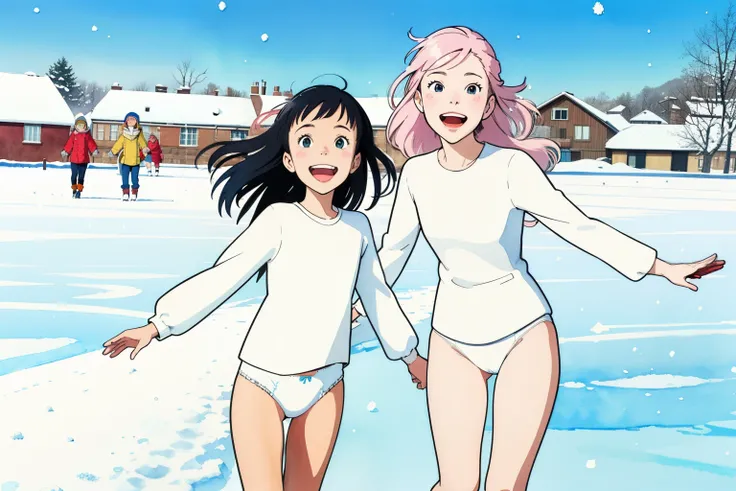 (superflat, flat shading, flat colors), (closeup), mother and daughter, (white panties), no skirt, long hair, ice skating, smile, laugh, fun, play, winter, snow, bright, wide angle, vibrant colors, watercolor, ghibli style