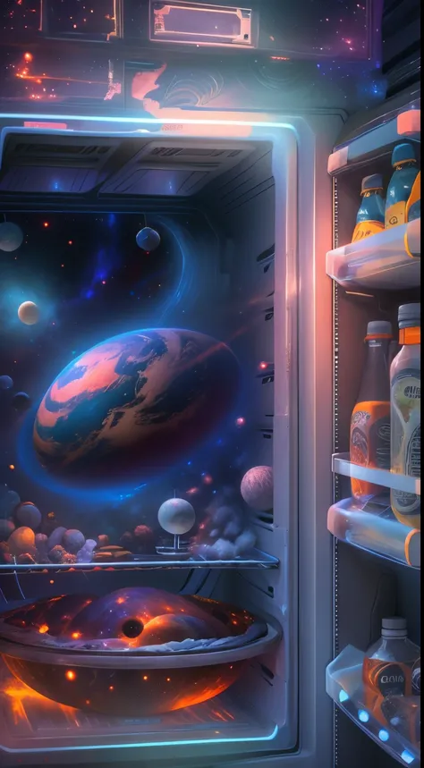 Cosmic nebula in the refrigerator,Future sci-fi refrigerator,The refrigerator has a space-time channel，(Alien spaceship travels through time in refrigerator:1.2)，Cosmic nebula in the refrigerator,There&#39;s still room in the refrigerator，(Universe planets...