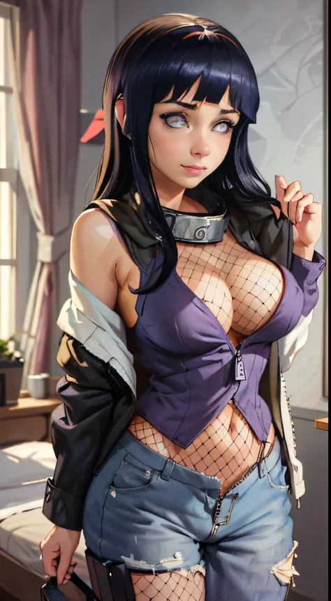 Masterpiece, highres, high Quality, detailed face, detailed body render, 1girl, solo, hyuuga hinata, hinata-sleeveless-outfit, large breasts, big breast, sleeveless shirt, fishnet top, dark lips, unzipped jacket, no bra, standing, blushes, (on bedroom)