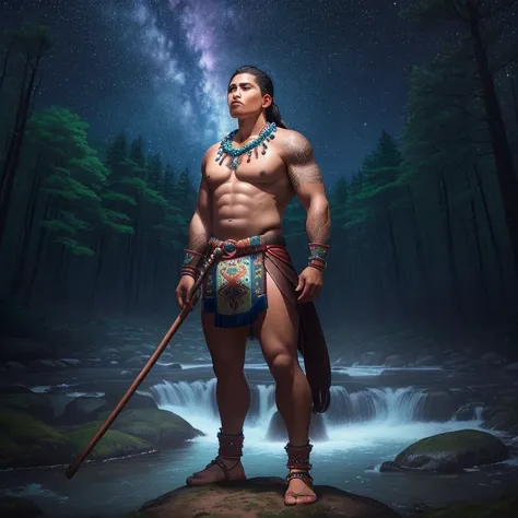 Strong proud indigenous male warrior standing in a forest with a swirling starry sky, galaxy, tall forest, tall trees, glowing flowers, glowing waters, towering trees, water way, flowing creek, no shirt, wearing long brief cloth, beaded necklace, red skin ...