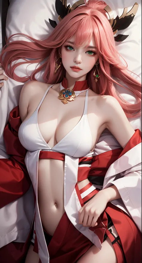 on bed, lying on bed sexy, (Masterpiece, Excellent, 1girl, solo, complex details, color difference), realism, ((medium breath)), off-the-shoulders, big breasts, sexy, Yae Miko, long pink hair, red headdress, red highlight, hair above one eye, green eyes, e...