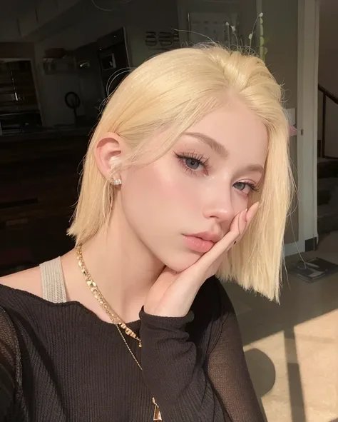 mujer rubia con un top negro y un collar y un collar, extremely pale blond hair, cabello rubio muy, very pale, pale hair, Ava Max, Retrato de Kim Petras, Amouranth, pale porcelain white skin, Hermosa Delphine, pale ivory skin, Peinado blanco de corte hime,...