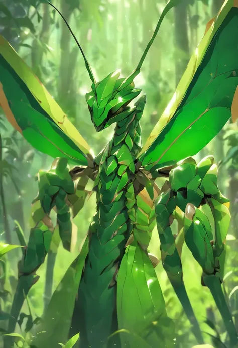 high quality rendering,(8K、Best quality、tmasterpiece:1.2)、(Endless realism、フォトリアリスティック:1.37)、hyper-detailing,hyper HD,A mantis magnified ten times,zerg,Live wallpaper,This is a painting of a praying mantis resting in a fantasy world,(Dark green insect cara...