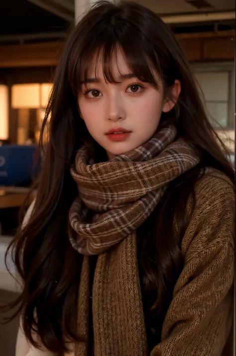 Close-up of a man wearing a scarf and a coat, brown bangs hair, brown hair and bangs, 1girl，in the winter，with fair skin，23-year-old girl，facing to audience