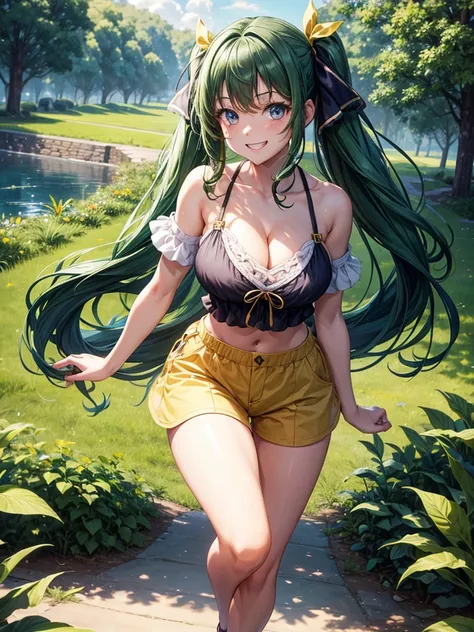 1girl, solo, full body, summer, village, trees, long hair, ((dark green hair)), curly hair, twintail, large breasts, blue top, cleavage, dark blue eyes, yellow pants, grin, looking at the viewer, running, hair ribbon