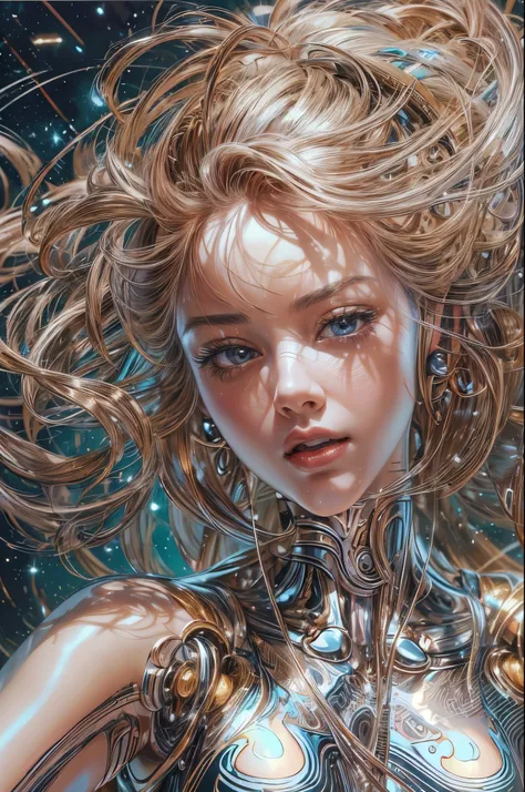 a beautiful young girl tangled hair, detailed face, dynamic pose, dancing while making the creation of the universe, painted by ...