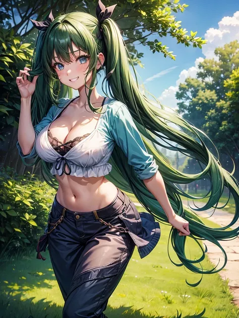 1girl, solo, full body, summer, village, trees, long hair, ((dark green hair)), curly hair, twintail, large breasts, ((blue top)), cleavage, dark blue eyes, pants, grin, looking at the viewer, running, hair ribbon