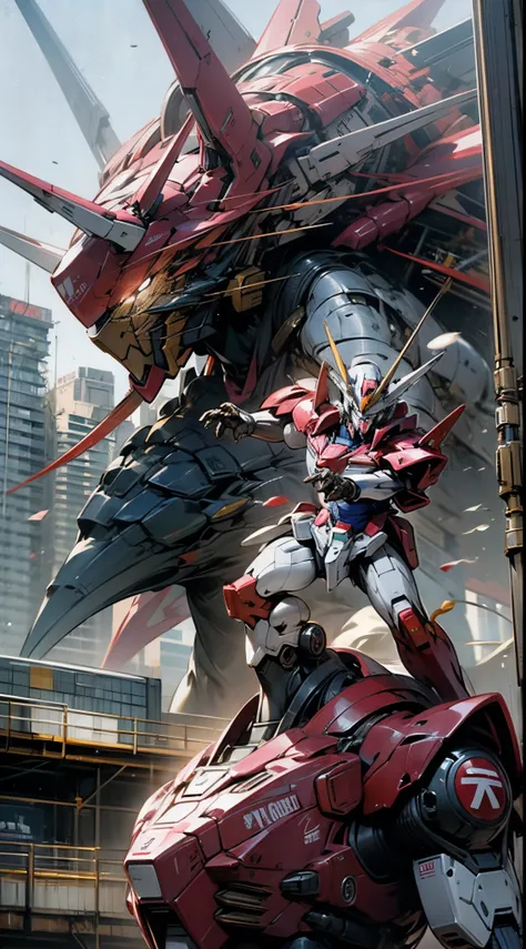 Mobile Suit Gundam fighting a Kaiju in Tokyo