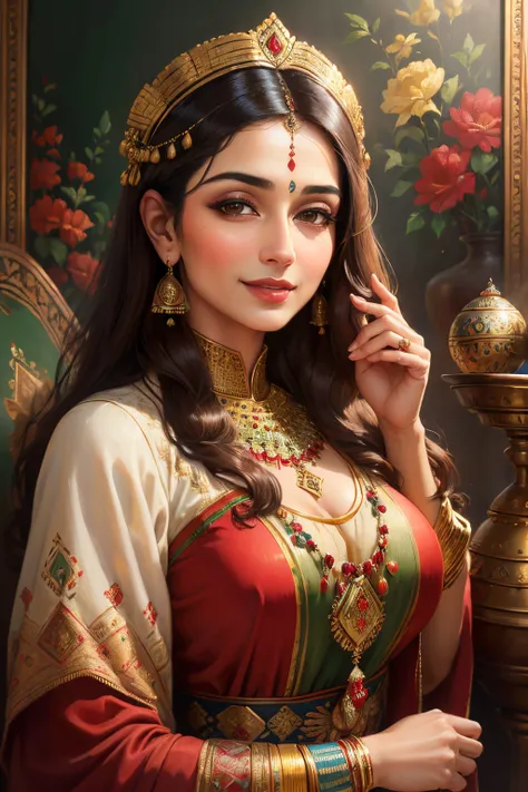 ((best quality)), ((masterpiece)), ((realistic)),  Persian woman, elegant attire,traditional Clothes, radiant smile, confident stance, cultural pride, (oil painting:1.2), (Kamal-ol-molk
:1.1), vivid colors, nostalgic background, authentic vintage feel, (po...