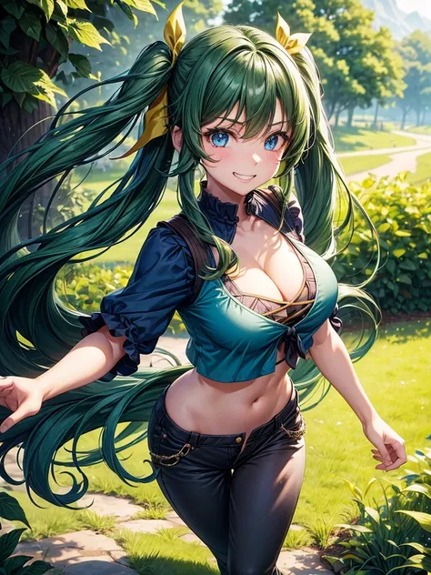 1girl, solo, full body, summer, village, trees, long hair, ((dark green hair)), curly hair, twintail, large breasts, ((blue top)), cleavage, dark blue eyes, pants, grin, looking at the viewer, running, hair ribbon