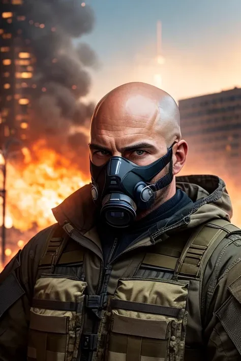 Tactical soldier, bald man in his mid 30s, rugged, semi handsome, horseshoe mustache, man has ptsd stare, city on fire in background, grainy texture, wearing gas mask