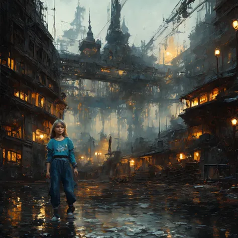 Slavic girl 10 years old is dressed in a striped T-shirt and childrens blue shorts, the girl has blue sandals on her feet, two old damaged humanoid large robots made from old rusty parts want to steal the girl, action on a rocky shore, 1967 era, USSR child...