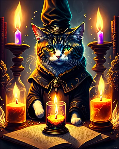 dark fantasy digital art, cat warlock oil painting and an eyepatch, holding spell book, black background, lab, ominous atmosphere, dripping candles, dusty library, alchemy, earth magic, hecate