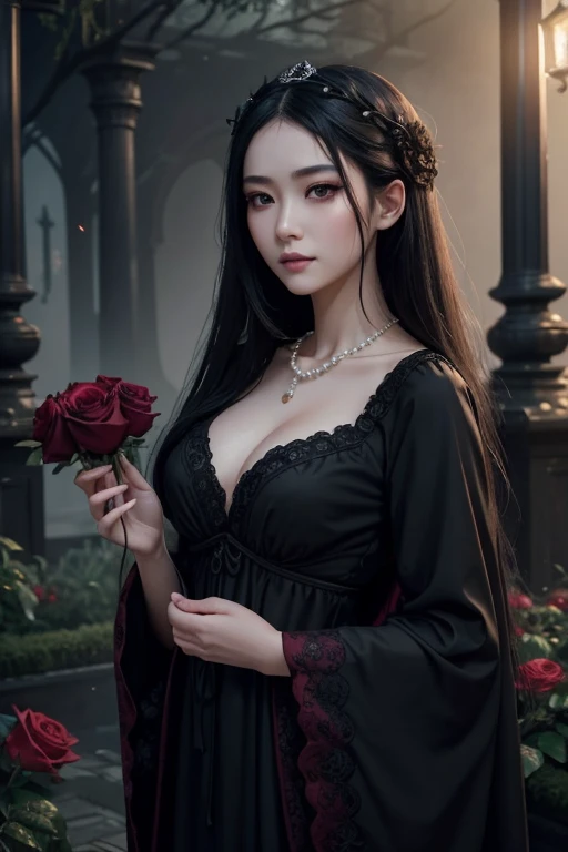 oriental,gothic girl,beautiful detailed eyes,beautiful detailed lips,extremely detailed eyes and face,long eyelashes,long black hair,flowy dress,standing in a misty garden,candlelight illuminating her face,faint smile,graceful posture,subtle gothic makeup,...