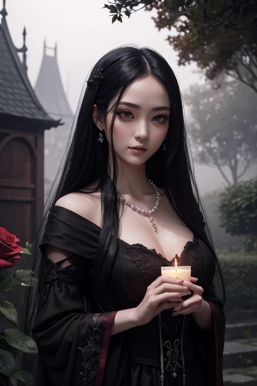 oriental,gothic girl,beautiful detailed eyes,beautiful detailed lips,extremely detailed eyes and face,long eyelashes,long black hair,flowy dress,standing in a misty garden,candlelight illuminating her face,faint smile,graceful posture,subtle gothic makeup,...