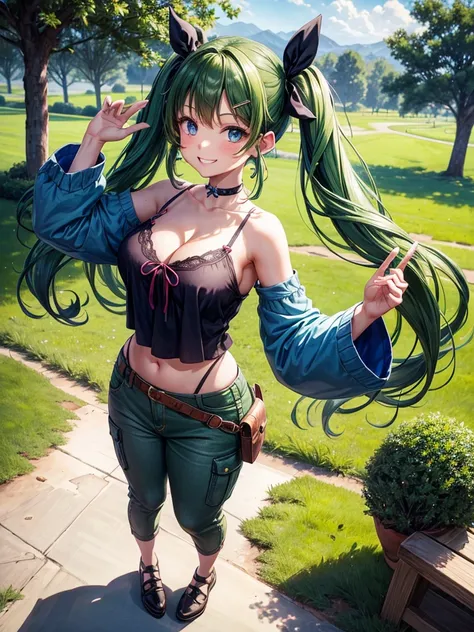 1girl, solo, full body, summer, village, trees, ((dark green hair)), curly hair, twintail, large breasts, ((blue top)), cleavage, dark blue eyes, pants, shoe, grin, looking at the viewer, hair ribbon, hair clip, necklate, ear rings