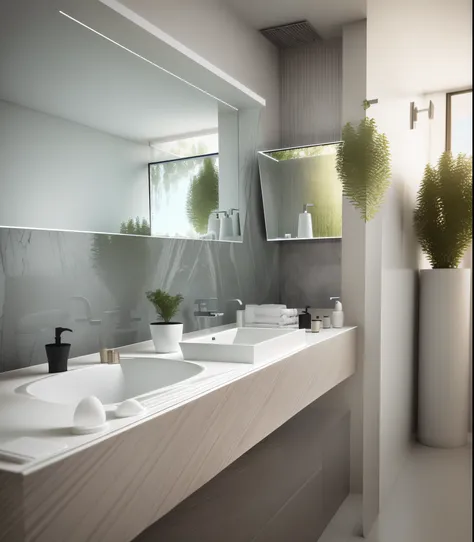 there is a bathroom with a sink and a mirror in it, modern bathroom, modern design, premium bathroom design, marble and wood and glass, mirror and glass surfaces, render vray, vray rendering, super realistic render vray, render in vray, 3 ds max + vray, co...