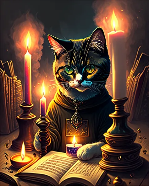 dark fantasy digital art, cat warlock oil painting, eyepatch, holding spell book, black background, lab, ominous atmosphere, dripping candles, dusty library, alchemy, earth magic, eyepatch, only one eye